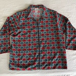 BonWorth Women’s Red and Blue Geometric Floral Zip Blouse